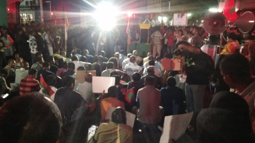 Barely 2,500 people joined in the anti-government protest called by the MDP and Opposition parties including the Jumhooree Party and Adhaalath Party in Male. It was enough, though, to fill this small intersection of two of Male's main roads.